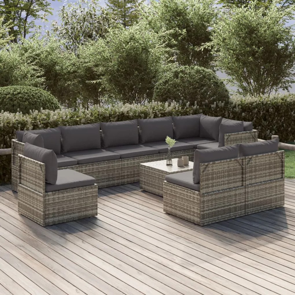 vidaXL 10 pcs conjunto lounge de jardim c/ almofadões vime PE cinzento