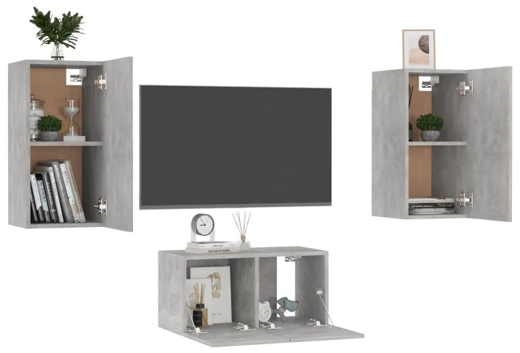 3 pcs conjunto de móveis de TV contraplacado cinzento cimento