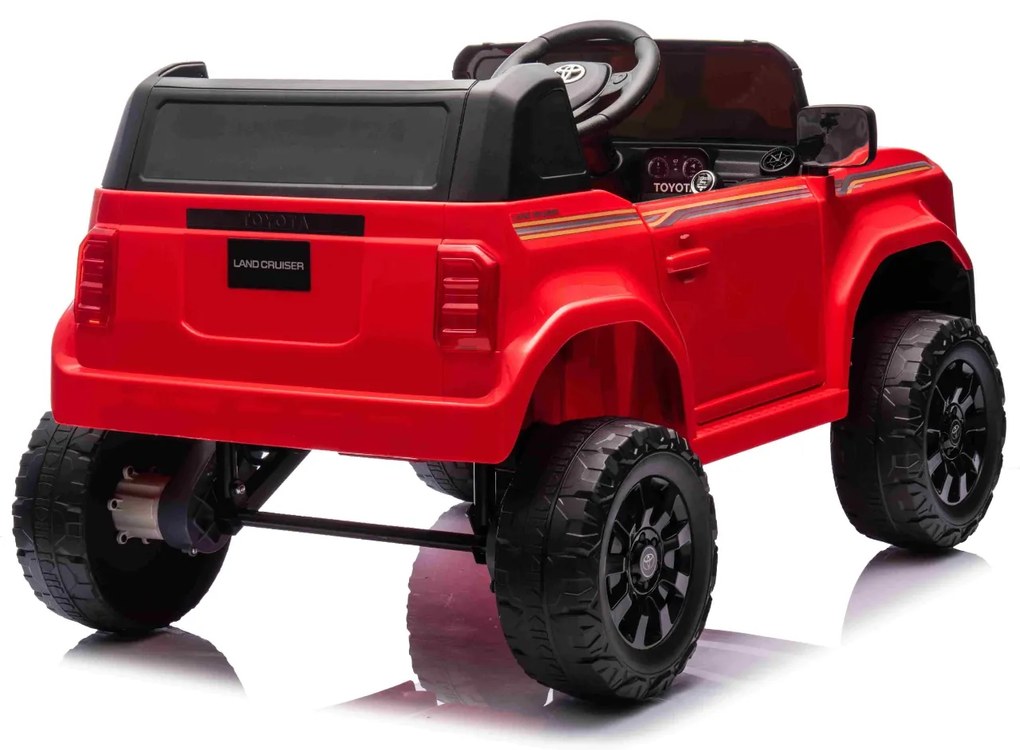 Jipe elétrico para crianças Toyota Landcruiser 12V controlo remoto de 2,4 GHz, entrada USB/AUX, Bluetooth, suspensão, bateria de lítio, luzes LED Verm