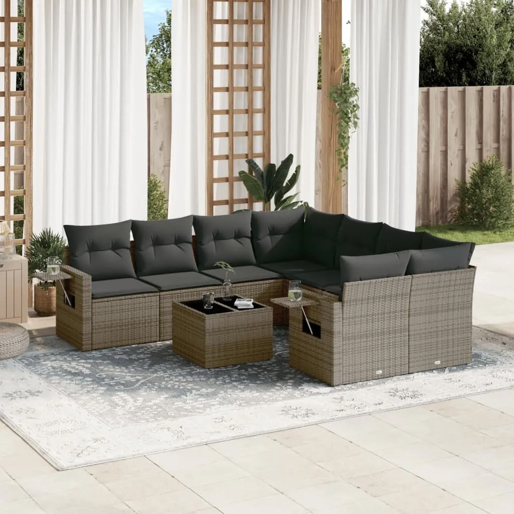 9 pcs conjunto sofás p/ jardim com almofadões vime PE cinzento