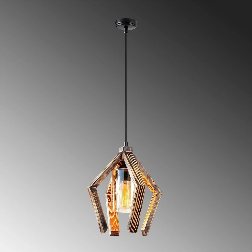 Chandelier Erebos – Preto e Madeira – 28 x 28 cm