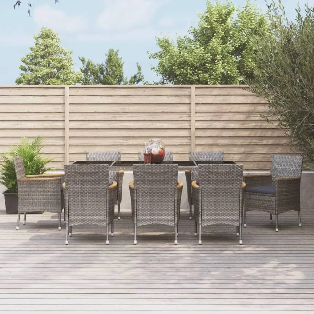 vidaXL 9 pcs conjunto de jantar p/ jardim c/ almofadões vime PE cinza