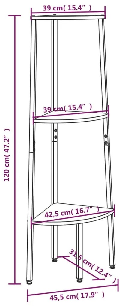 Estante canto 3 prat. 45,5x31,5x120 cm castanho-escuro/preto