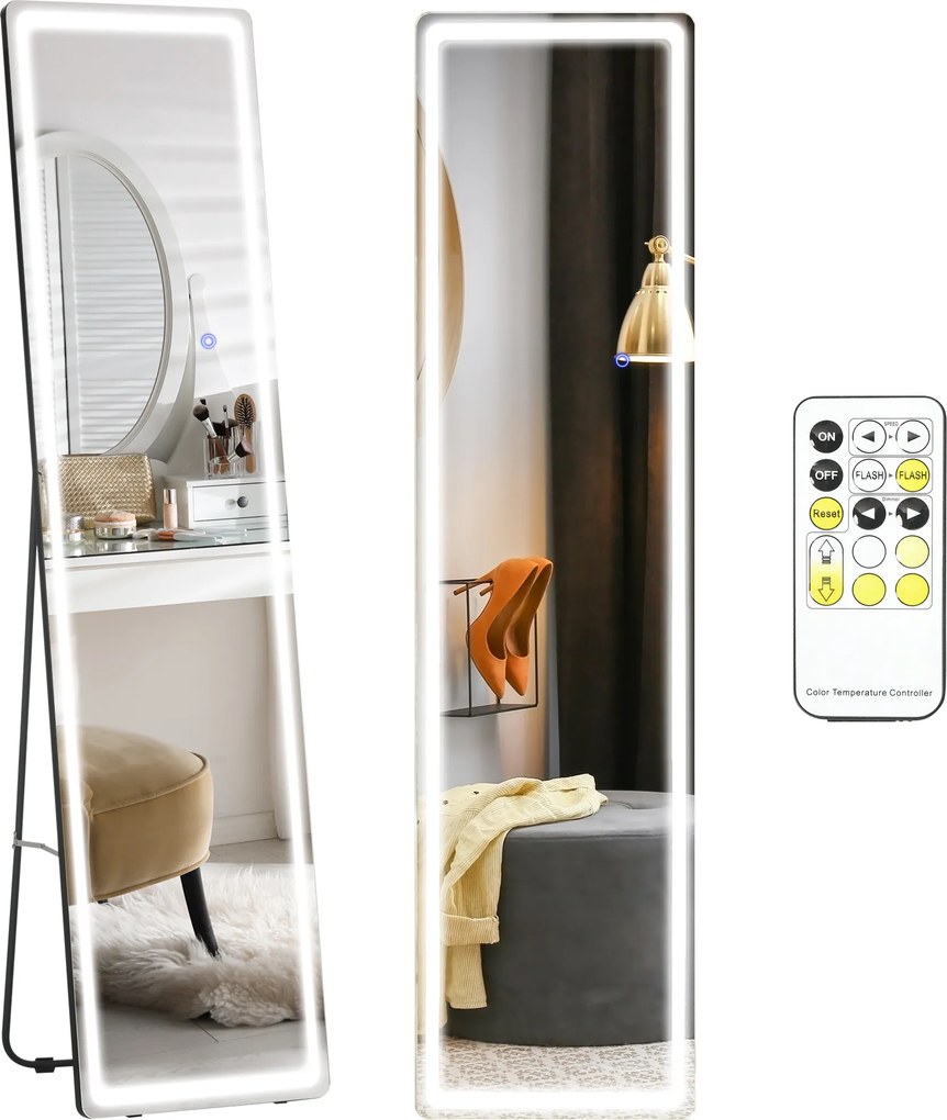 HOMCOM Espelho de Pé com Luzes LED Controlo Remoto 3 Cores de Luzes Ajustável Brilho Ajustável 40x51x156,5cm Prata e Preto | Aosom Portugal