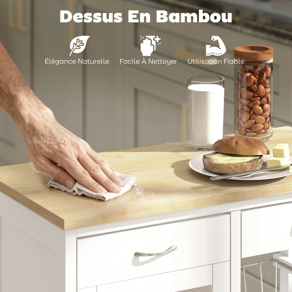 Carrinho de Cozinha, 67 x 35 x 80 cm, Tampo de Bambu, Branco