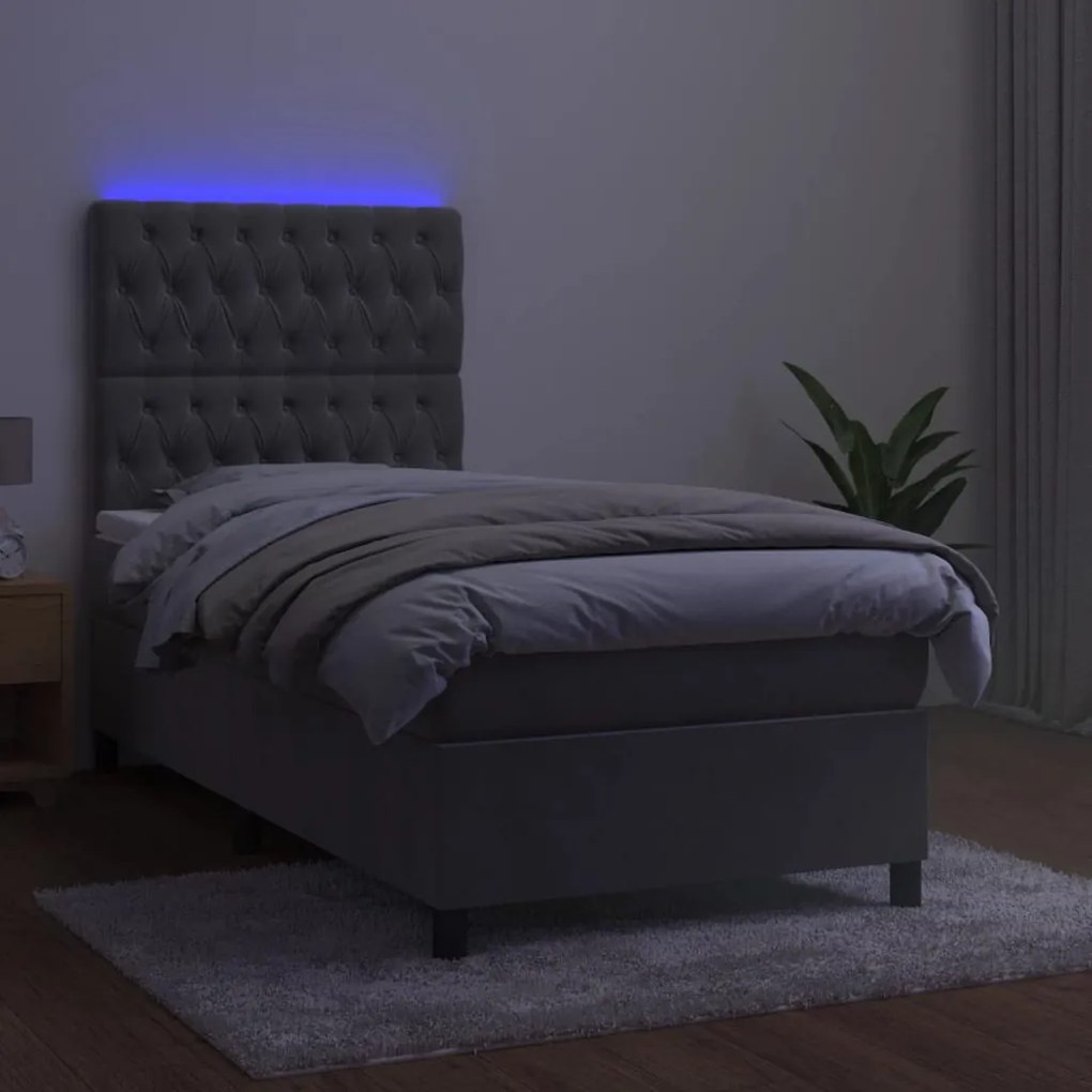 Cama box spring c/ colchão/LED 90x190 cm veludo cinzento-claro