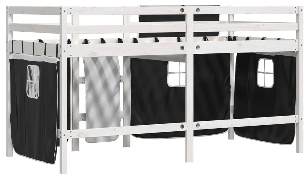 Cama alta criança c/ cortina 80x200cm pinho maciço branco/preto