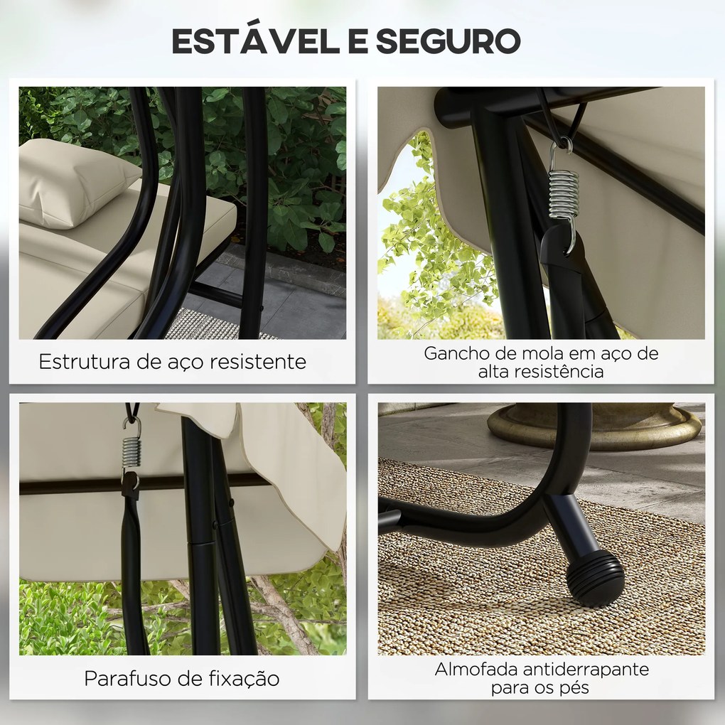 Banco Baloiço de Jardim 3 Lugares Convertível em Cama com Toldo Ajustável e 2 Almofadas  200x120x164 cm Creme