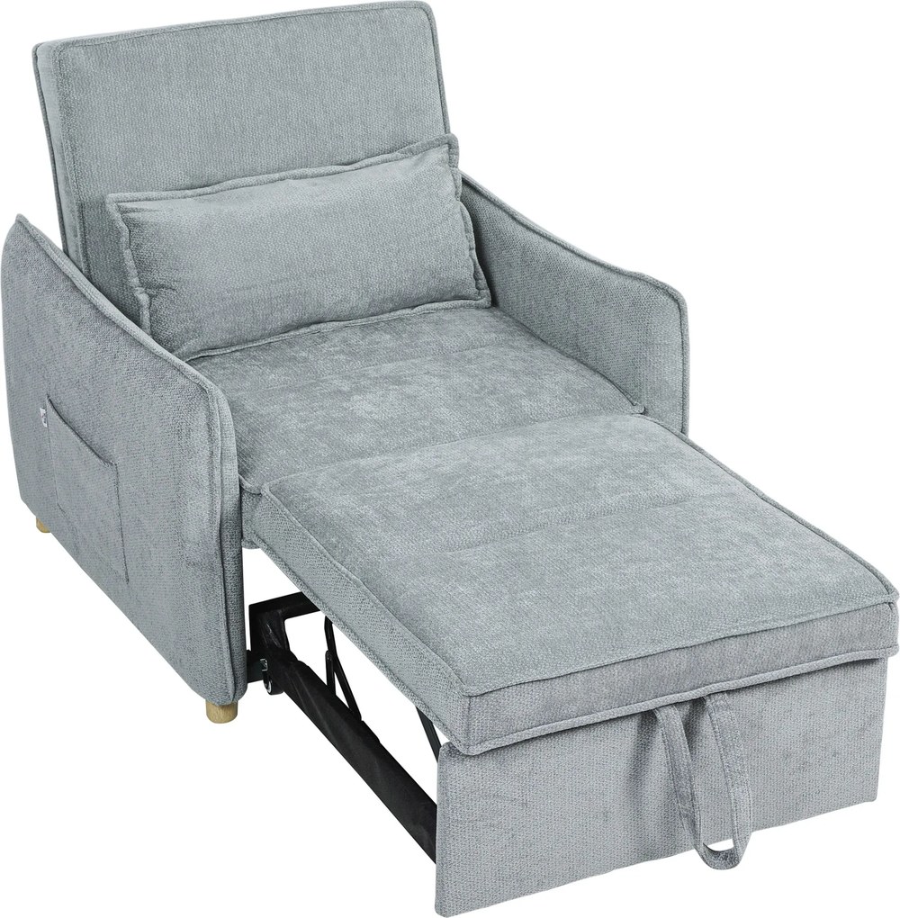 Poltrona convertível de 1 lugar 3 em 1, poltrona-cama clic-clac em tecido chenille, assento largo e encosto ajustável, 88x84x87 cm, cinzento