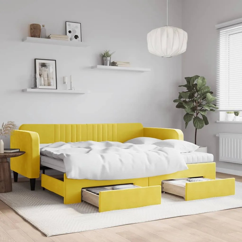 Sofá-cama com gavetão e gavetas 90x200 cm veludo amarelo