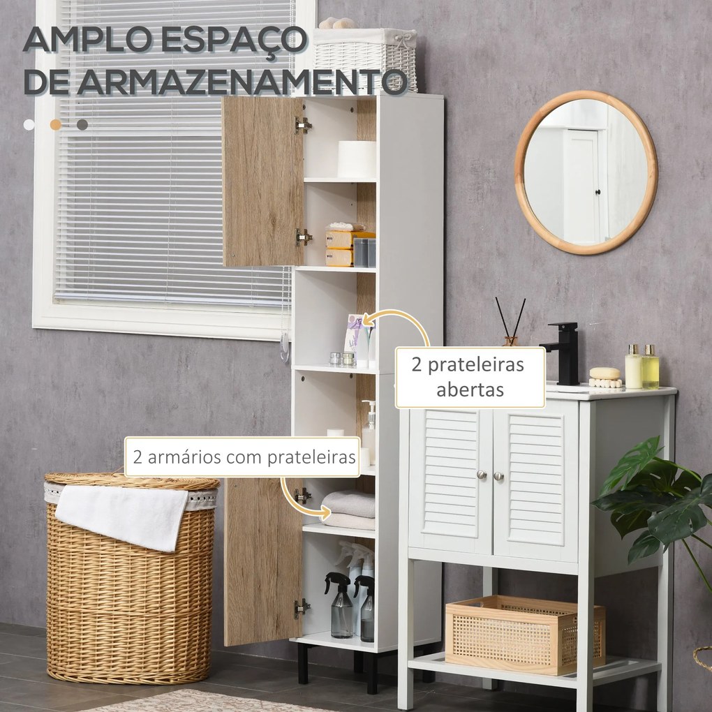 Coluna Casa de Banho Armário Alto Auxiliar de Casa de Banho com 2 Portas e 6 Prateleiras para Duche Estilo Moderno 30x31,5x169cm Branco e Carvalho