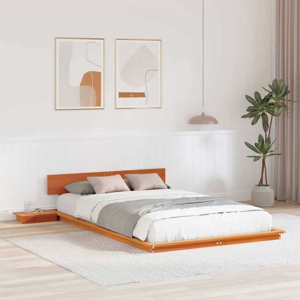 vidaXL Estrutura de Cama de Chão com Mesas de Cabeceira Castanho Encerado 120x190cm Madeira Maciça
