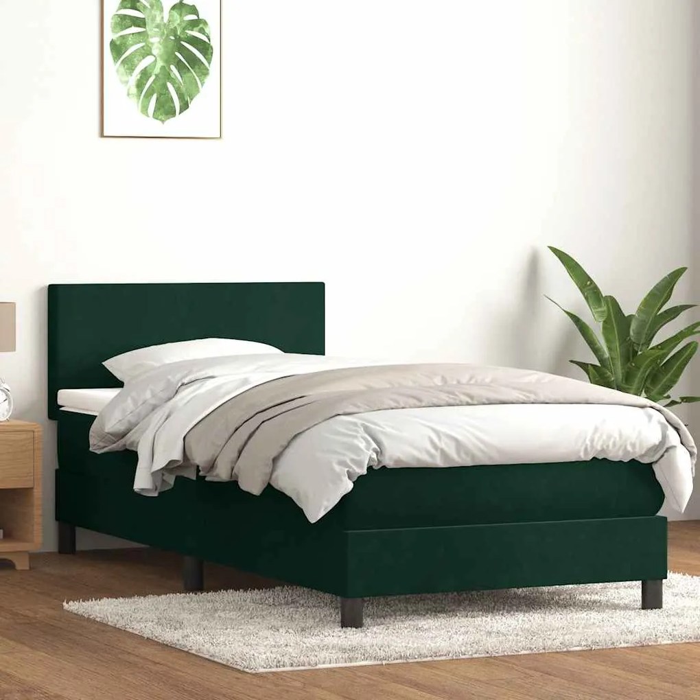 vidaXL Cama box spring c/ colchão e LED 90x220 cm veludo verde-escuro