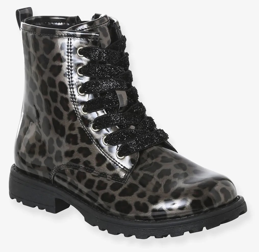 Botas envernizadas, com atacadores e fecho, para menina preto estampado