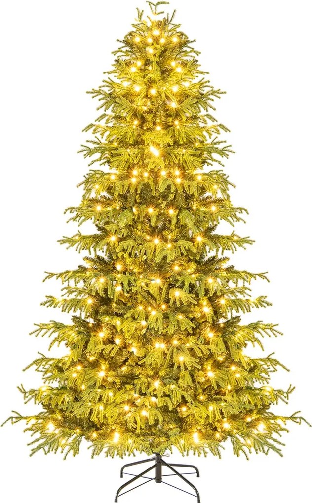 Árvore de Natal artificial de 210 cm pré-iluminada com 370 luzes LED brancas quentes 1090 ramos de PE e PVC e base metálica verde