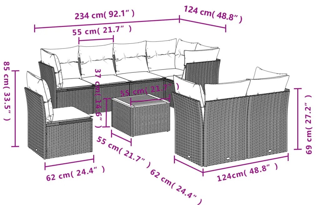 9 pcs conjunto sofás p/ jardim com almofadões vime PE cinzento