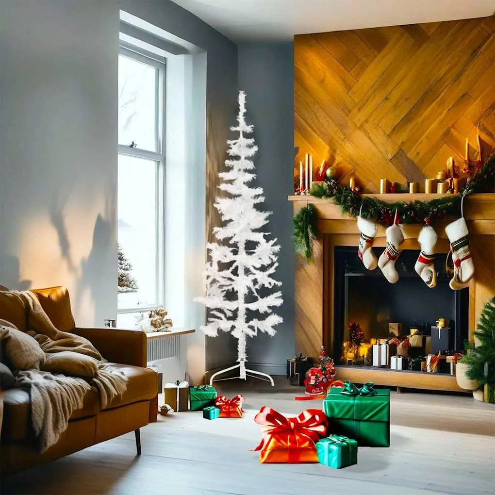 Meia árvore de Natal fina com suporte 180 cm branco