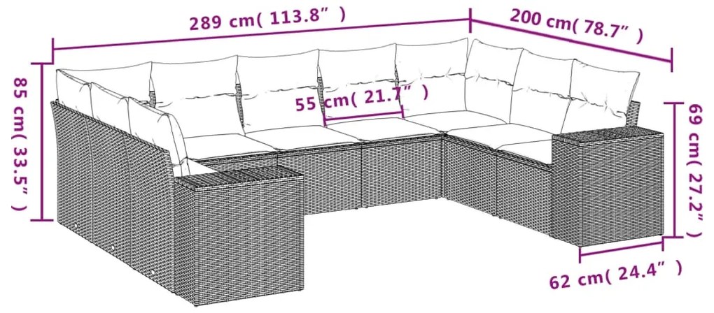 9 pcs conj. sofás jardim com almofadões vime PE cinzento-claro