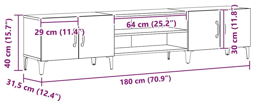 Estante de TV vidaXL Preta Carvalho 180x31,5x40 cm Madeira Engineered