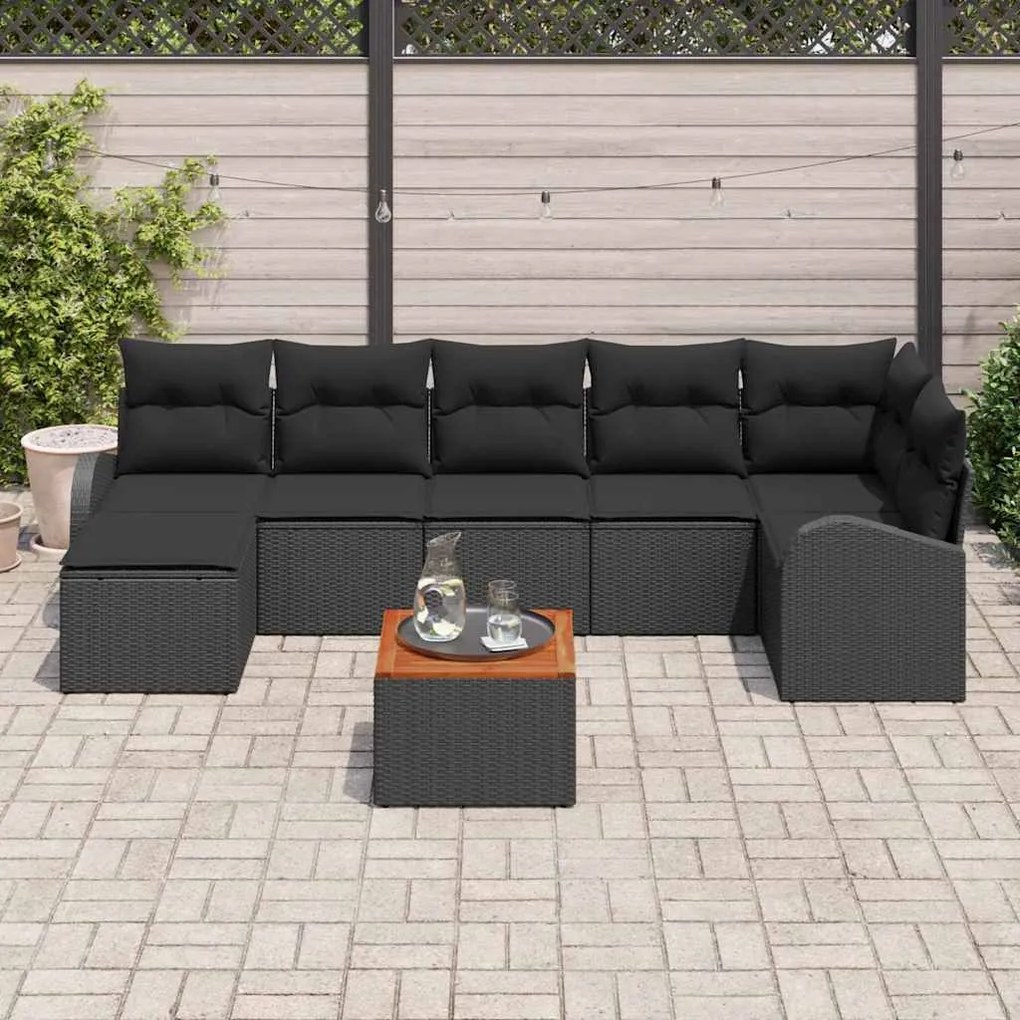 Conjunto de Sofá de Jardim com 8 Peças , Almofadas Pretas, Rattan Sint