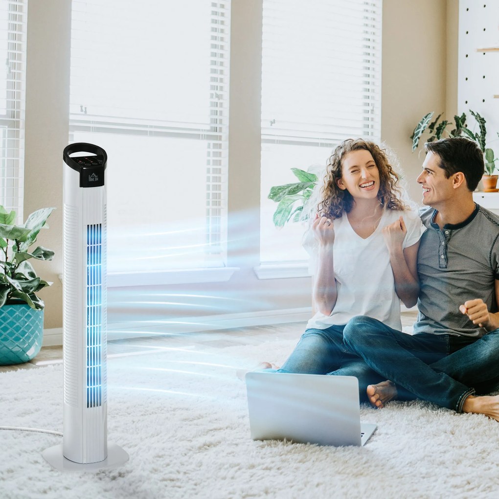 Ventoinha de Coluna 50W com Controlo Remoto 3 Velocidades Ecrã LCD Temporizador 7,5h e Oscilante 70° Ø20x78,5 cm Branco