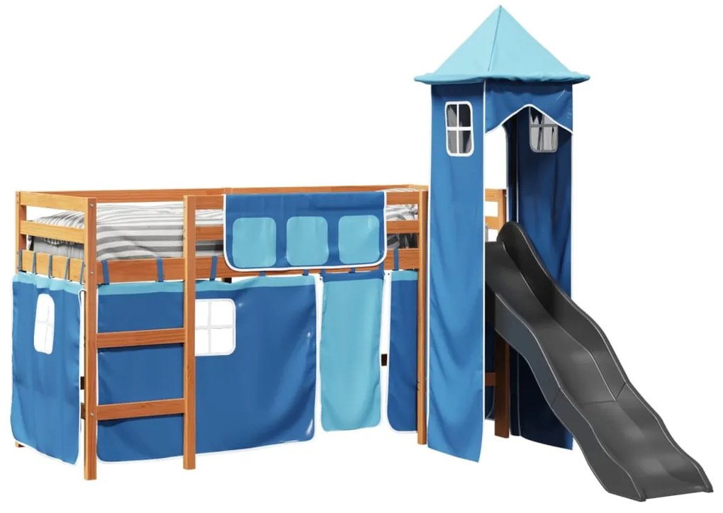 Cama alta para criança com torre 90x200 cm pinho maciço azul