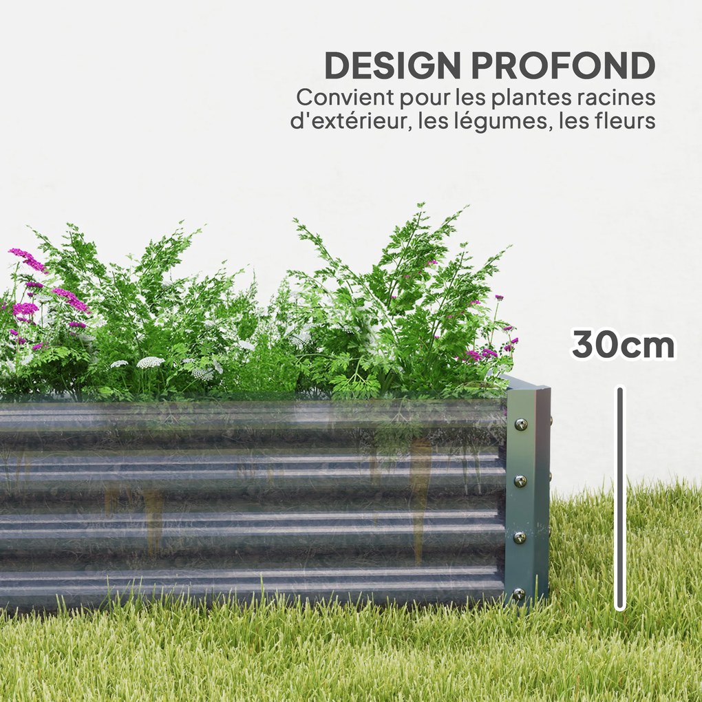 Floreira retangular, floreira elevada em aço galvanizado, fundo aberto, 180 x 90 x 30 cm, cinzento prateado