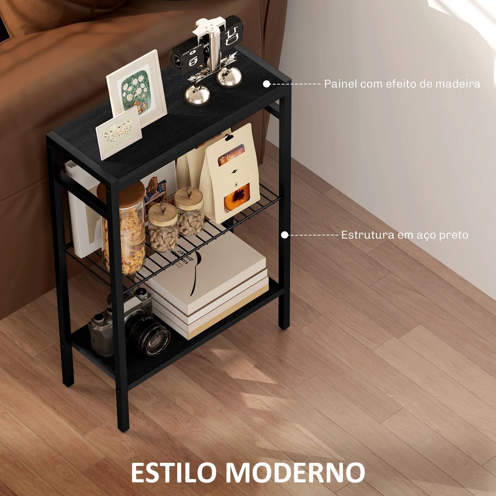 Mesa Auxiliar Estreita de 3 Níveis Mesinha Auxiliar Industrial com Prateleiras Abertas e Estrutura de Aço  43x18x62,5 cm Preto