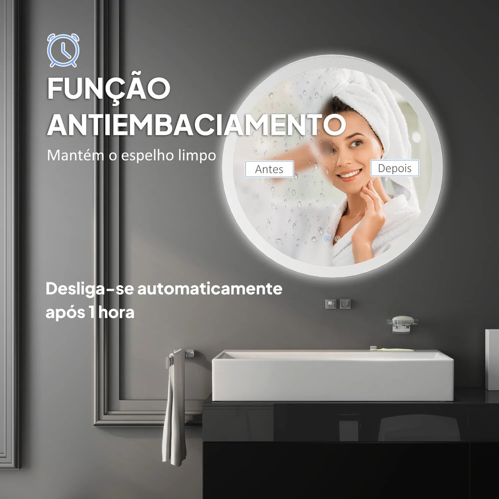Espelho Casa de Banho Redondo com Luzes LED Ø60 cm Função Antiembaciamento 3 Luzes Função de Memória e Interruptor Tátil Prata