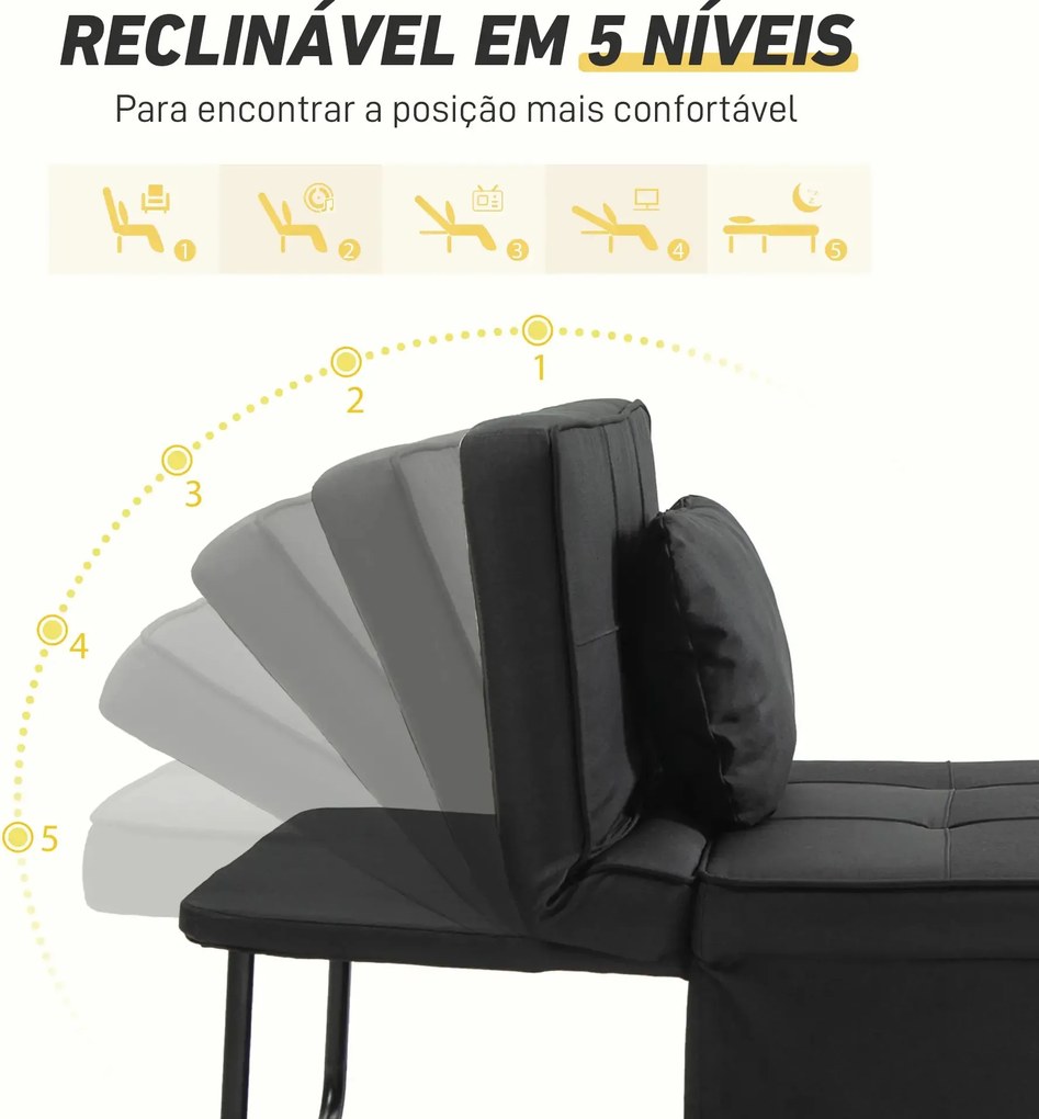 Sofá-Cama "Açores" 3 em 1 - Preto - 95x179x78 cm - Linho e Metal - Des