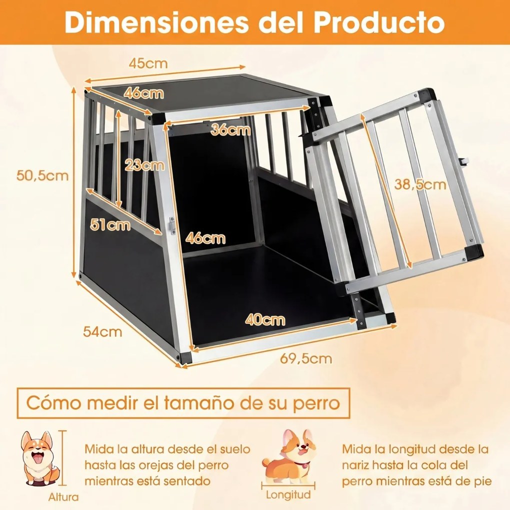 Caixa Transportadora de viagem para cães em alumínio com porta e fechadura 69,5 x 54 x 50,5 cm