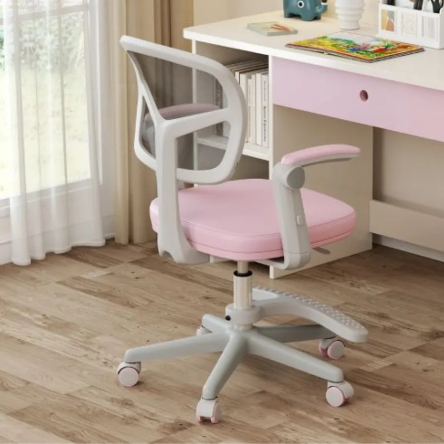 Cadeira de escritório para crianças com apoios de braços, apoio para os pés e rodas universais com altura ajustável 57 x 55 x 80-91 cm Rosa