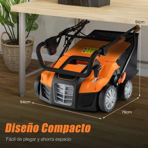 Corta-ervas Elétrico Dobrável 2 em 1 de 41 cm 15 A com ajuste de altura e profundidade e saco coletor de 55 L Laranja