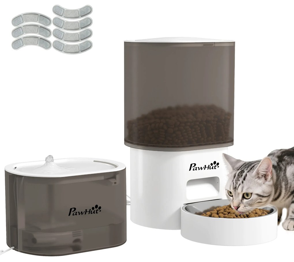 PawHut Comedero Automático para Gato Dispensador de Comida para Gatos e Cães de 3 L com Controlo por App (1-10 Refeições por Dia) Filtros e Luz LED Conjunto de Comedero e Bebedouro Automático Silencioso com Cabo USB ou Pilhas