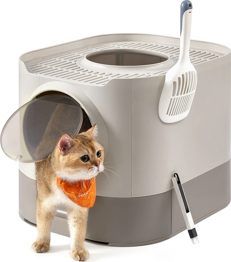 Caixa de areia XXL para gatos com tampa 54 x 42,8 x 40 cm (C x L x A), gaveta extraível e pá, castanho claro