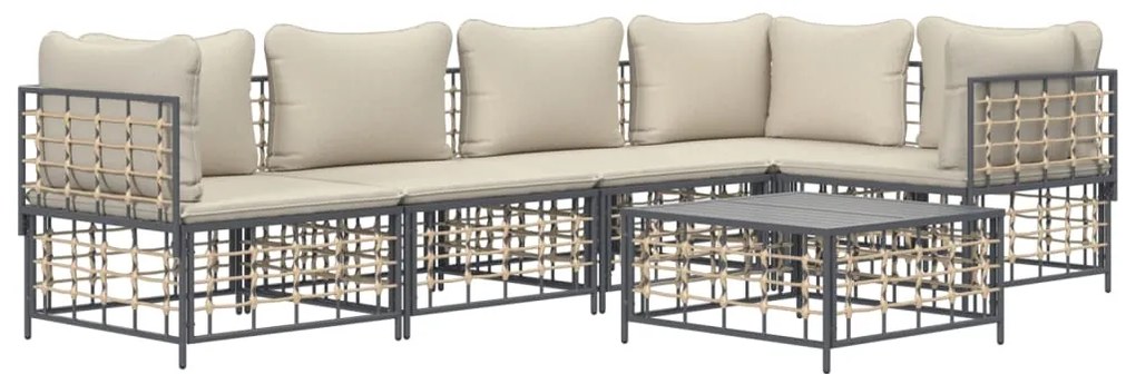6 pcs conjunto lounge de jardim c/ almofadões vime PE antracite
