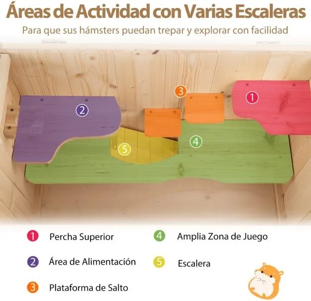 Gaiola de madeira para hamsters com tampa de malha rebatível, várias áreas para escalar, rampa, painel acrílico, porta com fechadura castanha