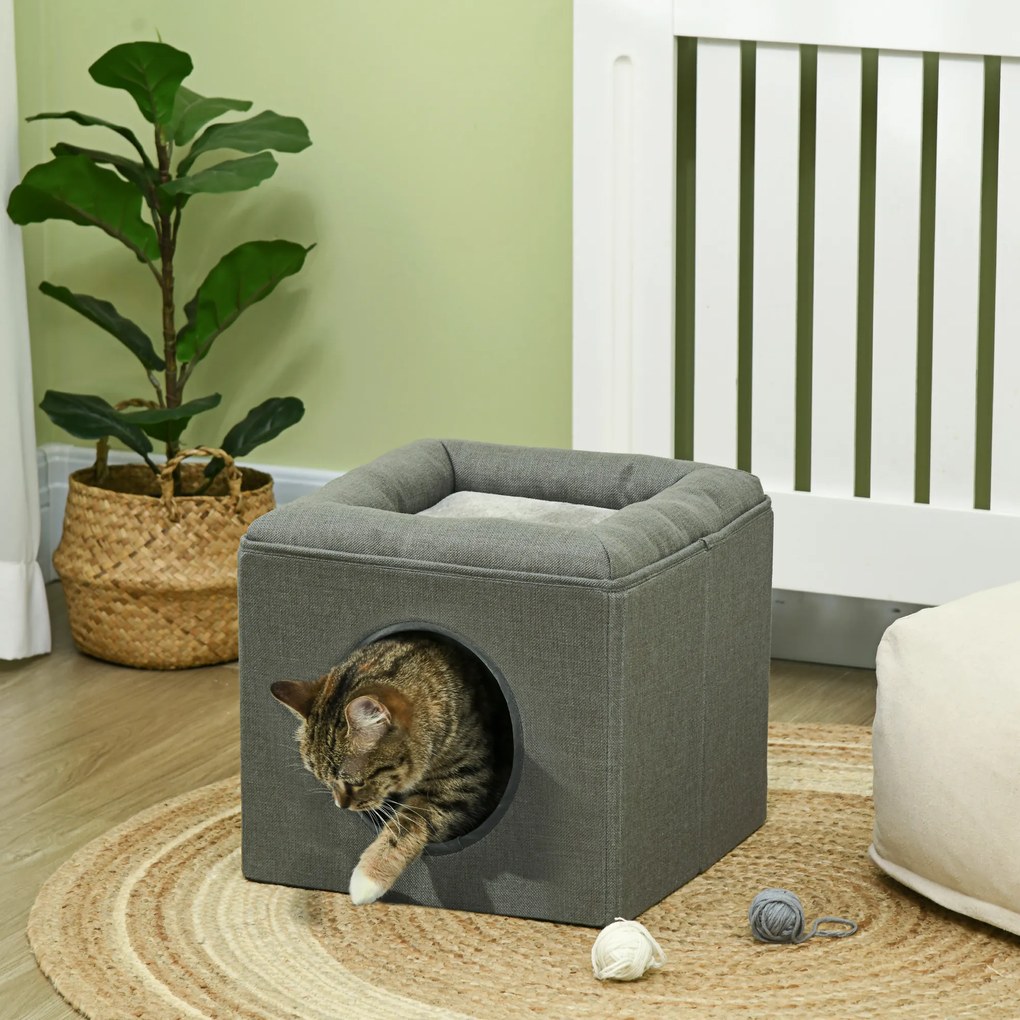 Casinha para gatos de 2 andares com almofada macia de pelúcia - 36,5 x 36,5 x 33 cm cinzenta