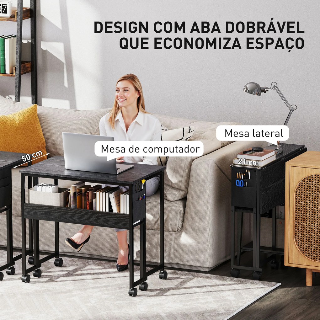 Secretária Dobrável com Rodas Prateleira e Bolso de Armazenamento Ideal para Espaços Pequenos 80x50x75 cm Preto