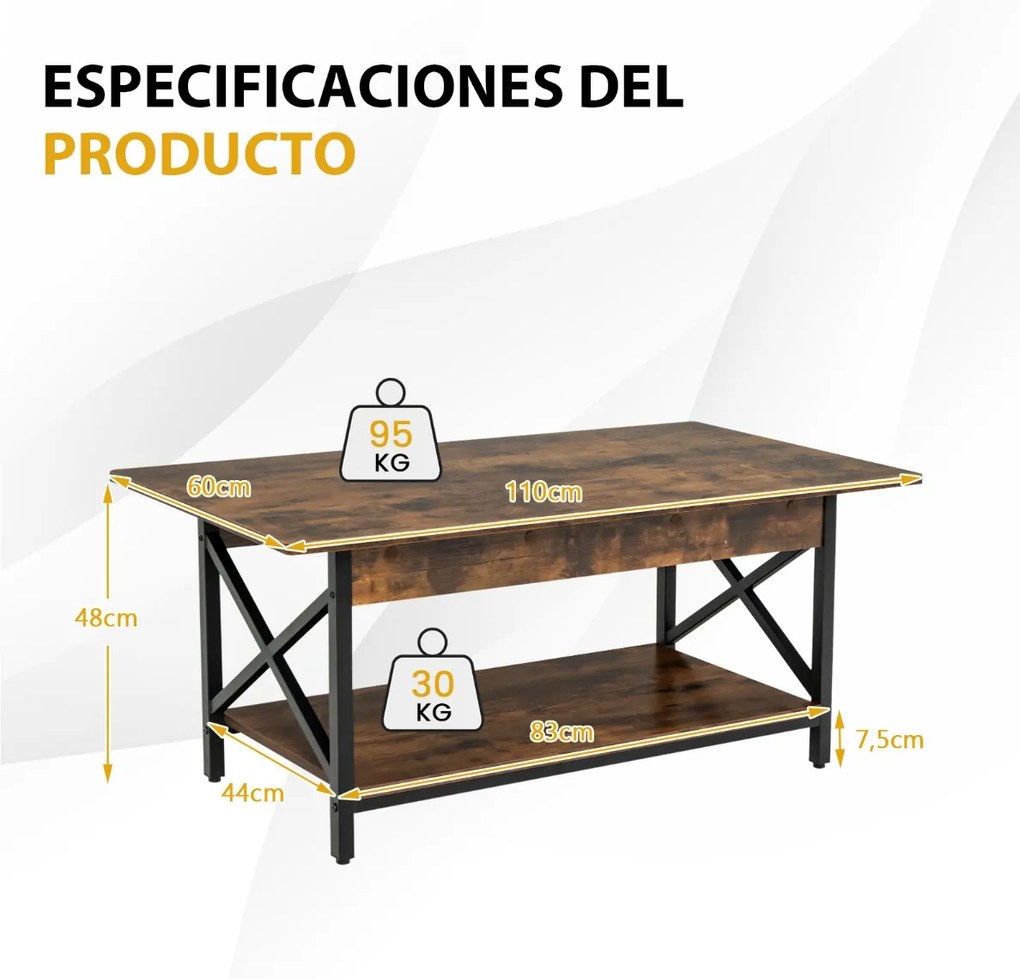 Mesa de centro industrial de 2 níveis com Estante para arrumação e estrutura em X de metal para sala de estar 110x60x48 cm Castanho