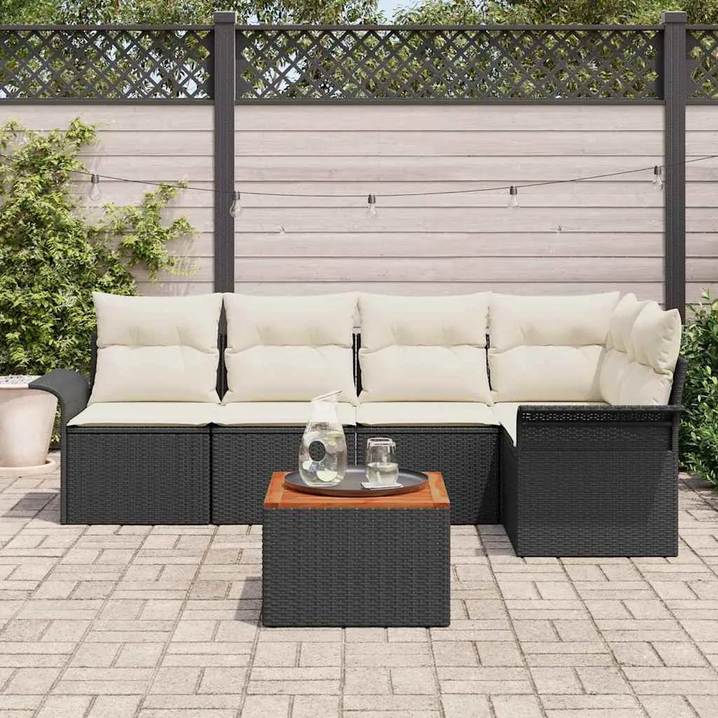 Conjunto de Sofá de Jardim 6 Peças com Almofadas Pretas em Rattan de P