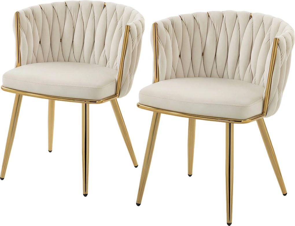 Conjunto de 2 cadeiras de sala de jantar e de cozinha, estofadas a veludo, com encosto trançado e braços, cor creme