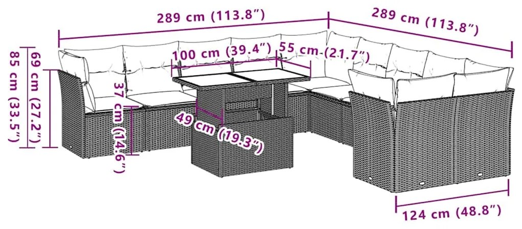 11 pcs conjunto sofás de jardim c/ almofadões vime PE preto