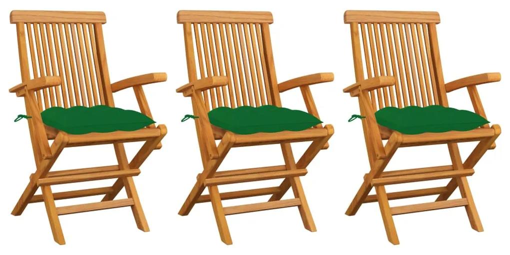 3062534 vidaXL Cadeiras de jardim c/ almofadões verdes 3 pcs teca maciça