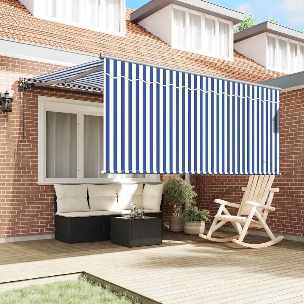 Toldo Retrátil Listrado Azul e Branco 350 x 250 cm Tecido