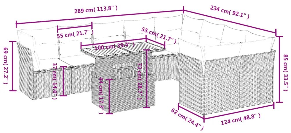 10 pcs conjunto sofás de jardim c/ almofadões vime PE preto