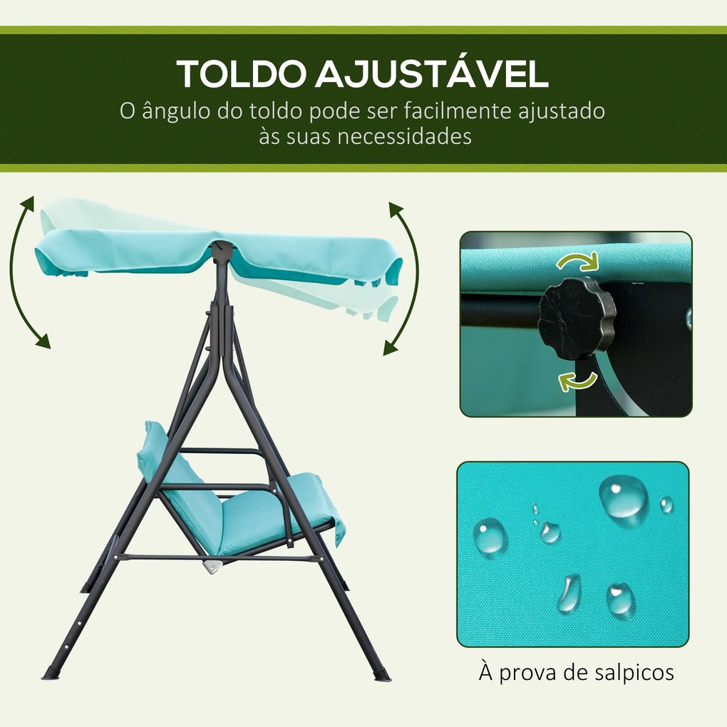 Baloiço de Jardim de 3 Lugares com Teto Ajustável e Estrutura de Aço Suporta até 240 kg 172x110x153 cm Verde Azulado