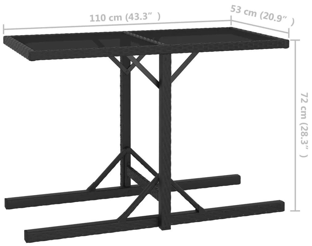 3 pcs conjunto jantar p/ jardim vime PE e vidro temperado preto
