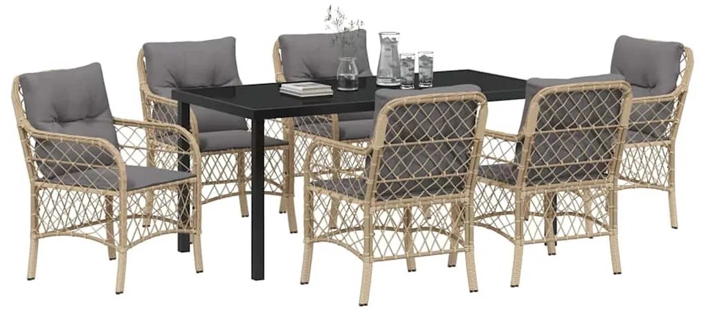 Conjunto de Jantar de Jardim com 7 Peças e Almofadas Beiges em Rattan