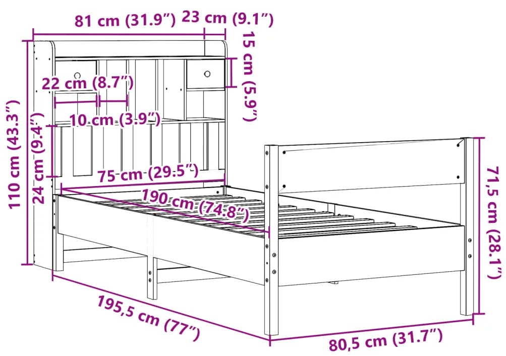 Cama com estante sem colchão 75x190cm pinho maciço castanho-mel